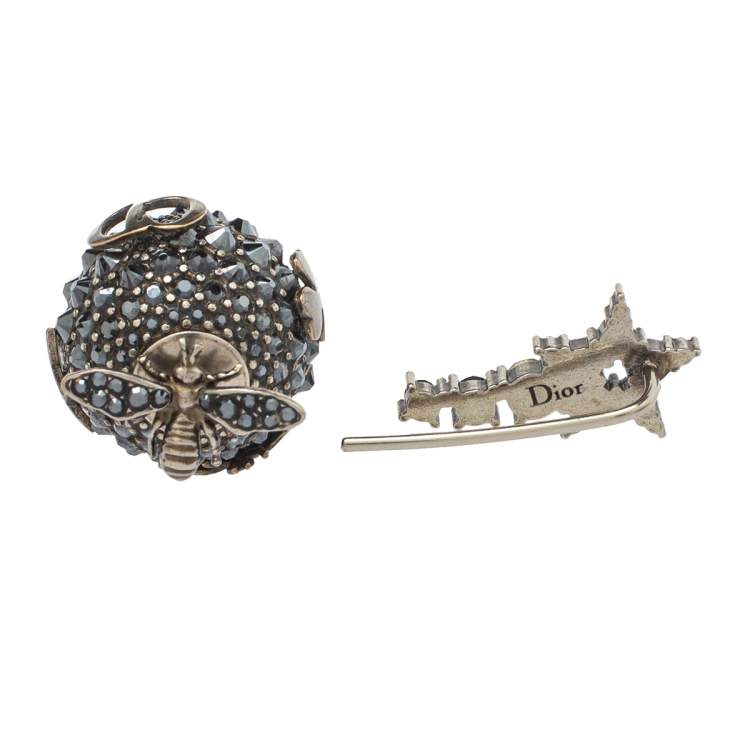 Pre Owned Dior Bee Star Tribal Crystal Gunmetal Tone Asymmetric Stud Earrings