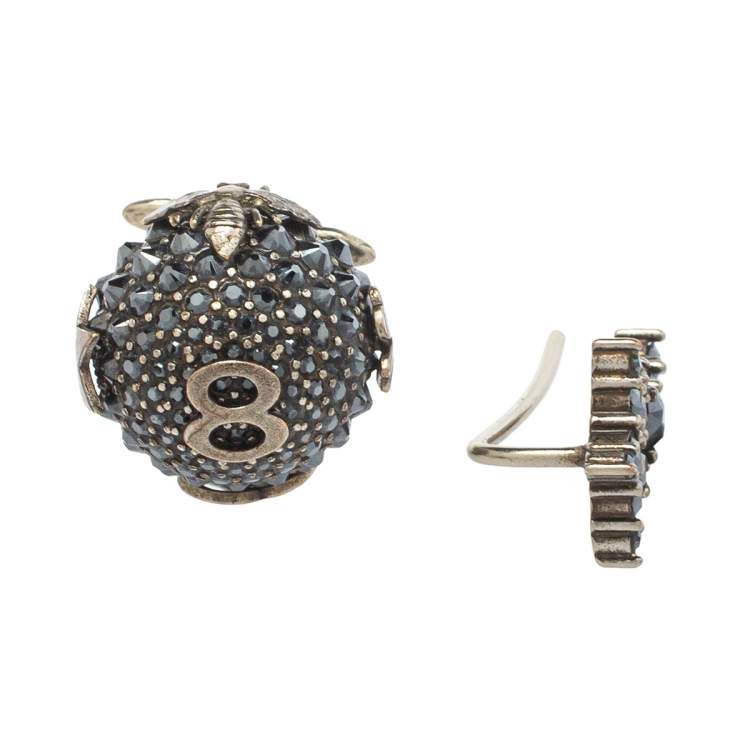 Pre Owned Dior Bee Star Tribal Crystal Gunmetal Tone Asymmetric Stud Earrings