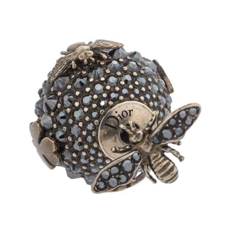 Pre Owned Dior Bee Star Tribal Crystal Gunmetal Tone Asymmetric Stud Earrings