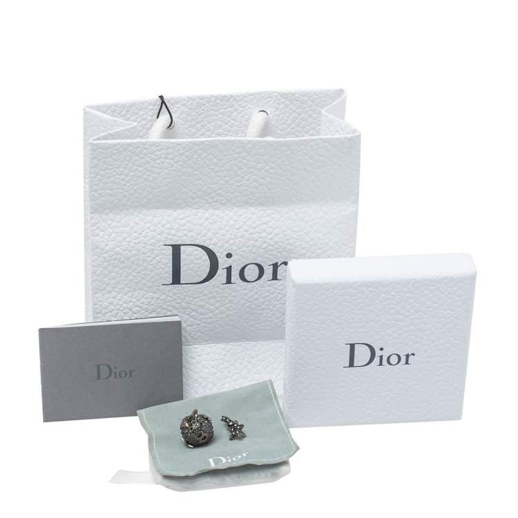 Pre Owned Dior Bee Star Tribal Crystal Gunmetal Tone Asymmetric Stud Earrings