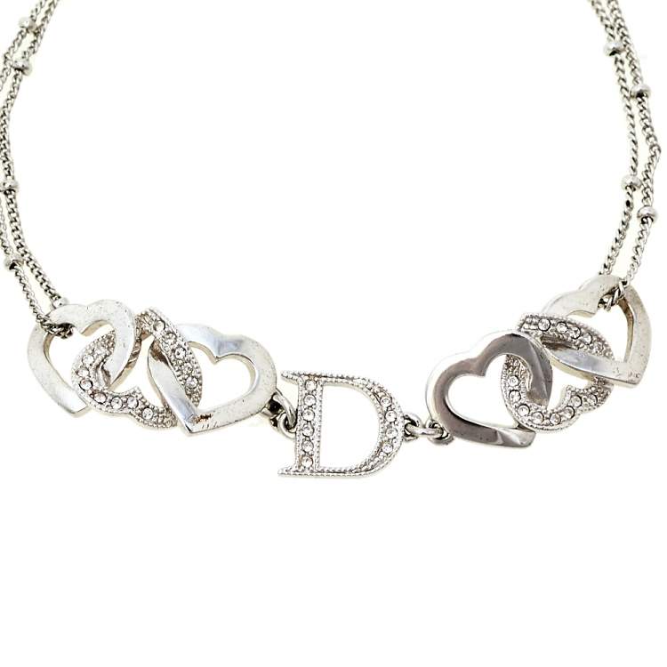 Pre Owned Dior Interlocking Heart Crystal Silver Tone Bracelet