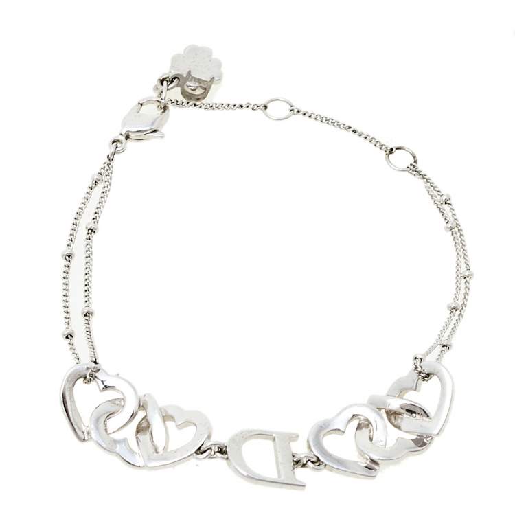 Pre Owned Dior Interlocking Heart Crystal Silver Tone Bracelet