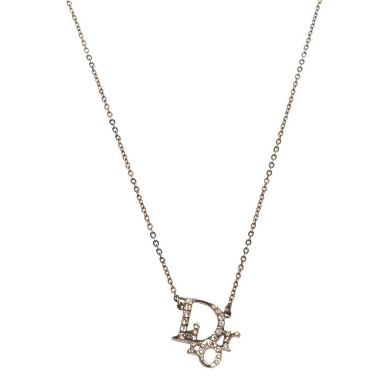 Pre Owned Dior Silver Tone Crystal Oblique Pendant Necklace