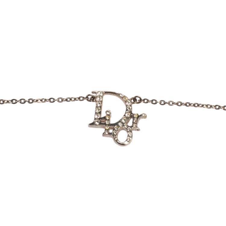 Pre Owned Dior Silver Tone Crystal Oblique Pendant Necklace