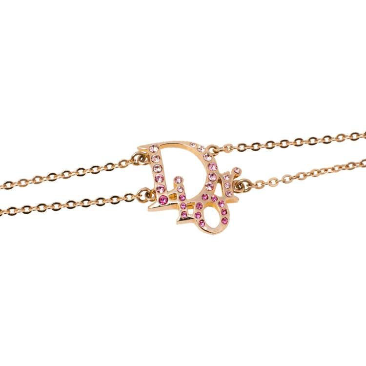 Pre Owned Dior Pink Crystal Oblique Charm Double Chain Bracelet