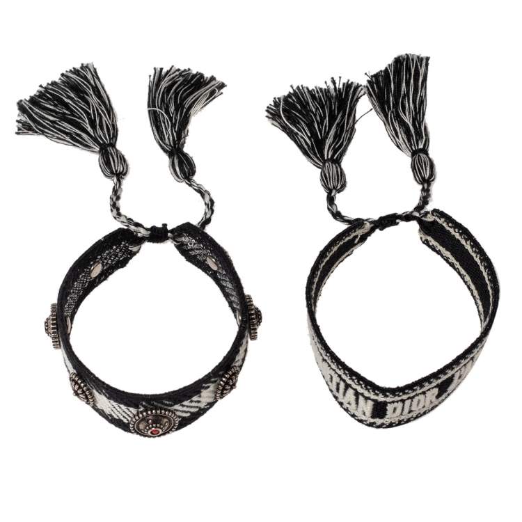 Pre Owned Dior J'adior Black/White Cotton Embroidered Set of Two Bracelets