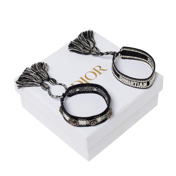 Pre Owned Dior J'adior Black/White Cotton Embroidered Set of Two Bracelets