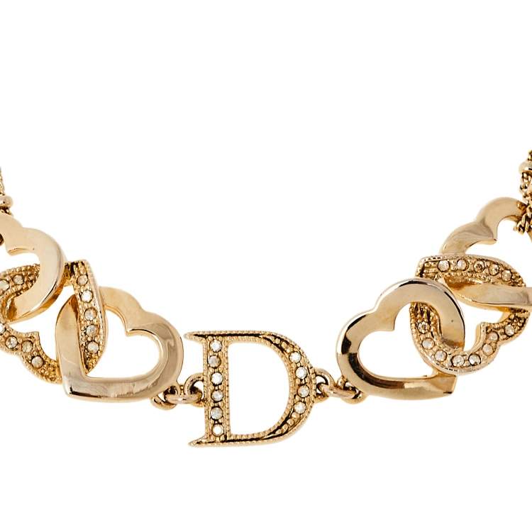 Pre Owned Dior Interlocking Heart Crystal Gold Tone Bracelet