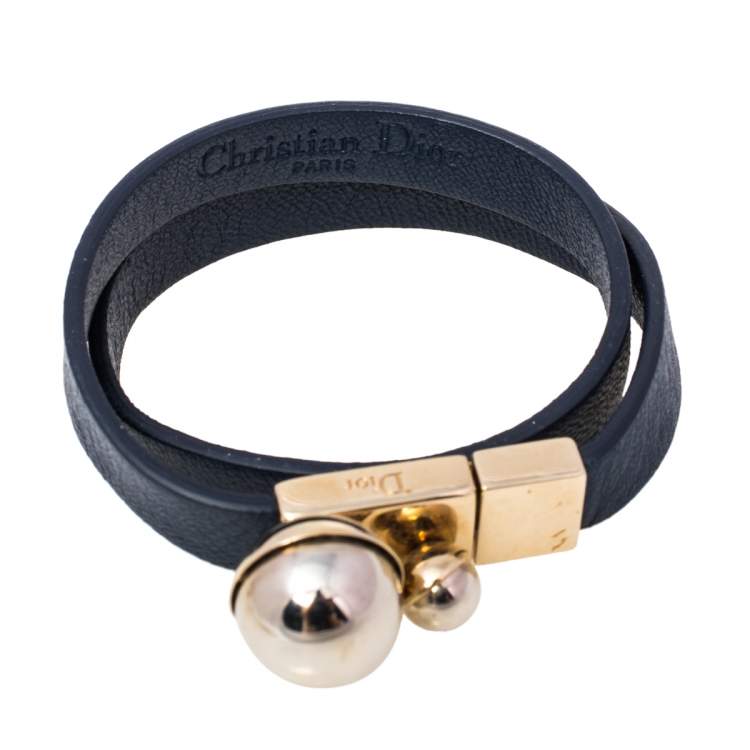Pre Owned Christian Dior Blue Leather Mise En Dior Double Wrap Bracelet M