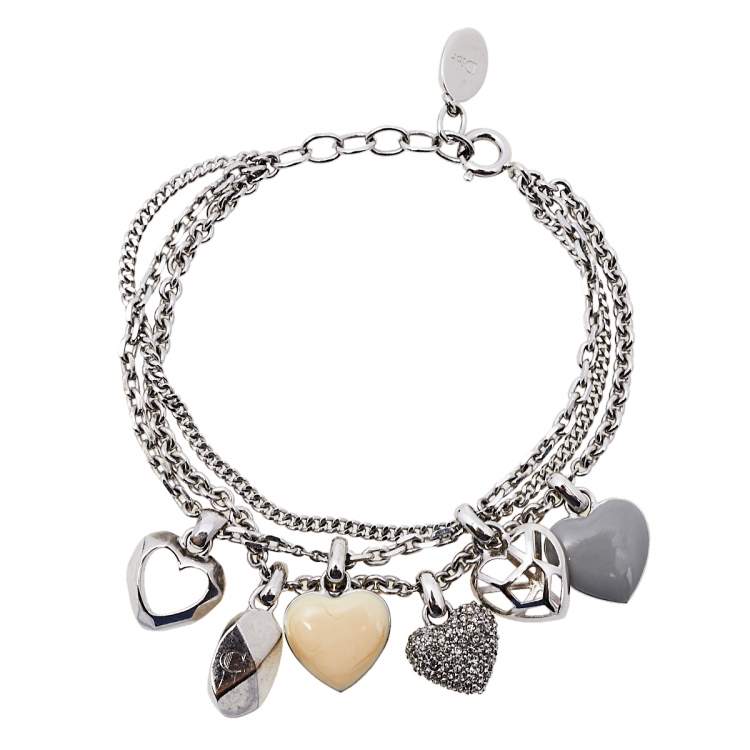 Pre Owned Dior Silver Tone Pop Hearts Crystal Charm Bracelet 