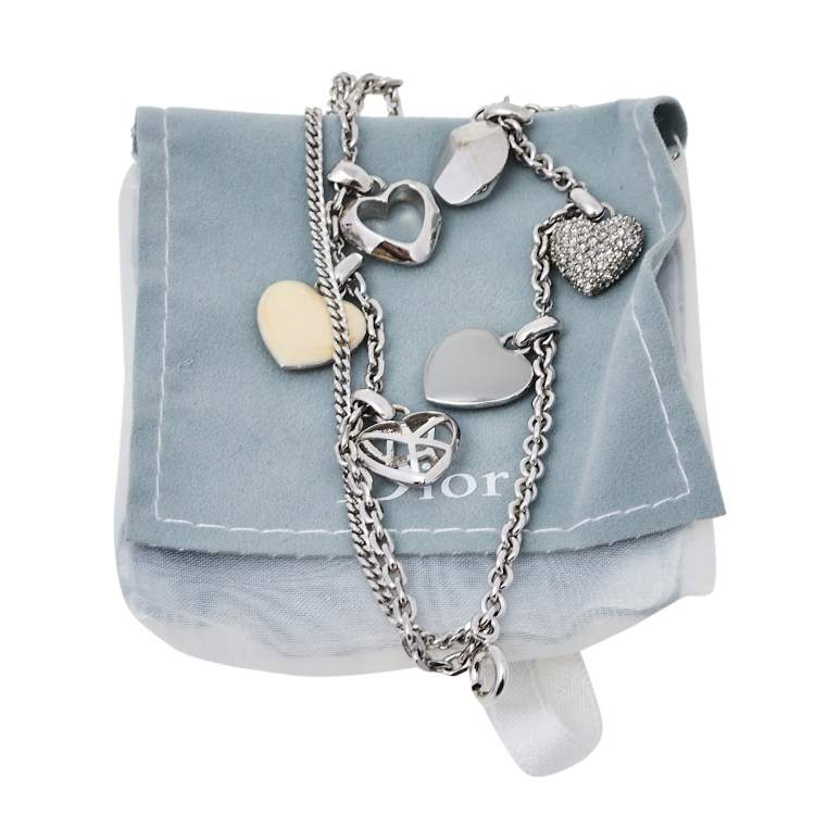 Pre Owned Dior Silver Tone Pop Hearts Crystal Charm Bracelet 