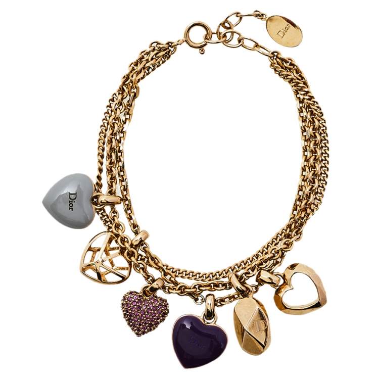 Pre Owned Dior Gold Tone Pop Hearts Crystal Charm Bracelet 