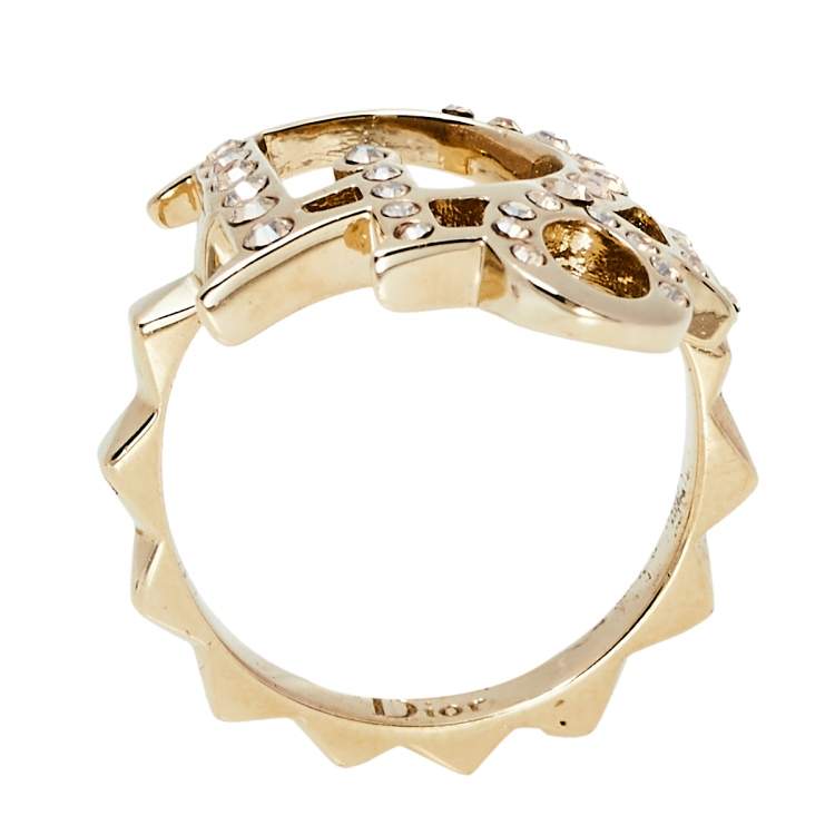 Pre Owned Dior Gold Tone Crystal Embedded Logo Ring Size EU 50