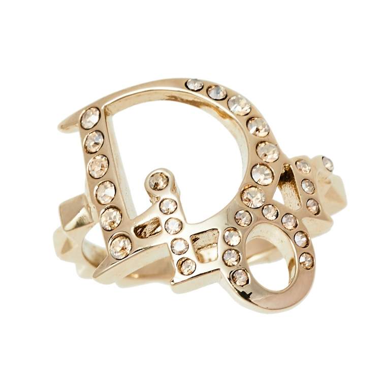 Pre Owned Dior Gold Tone Crystal Embedded Logo Ring Size EU 50