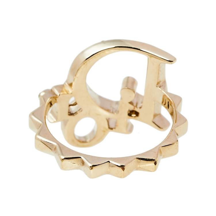 Pre Owned Dior Gold Tone Crystal Embedded Logo Ring Size EU 50