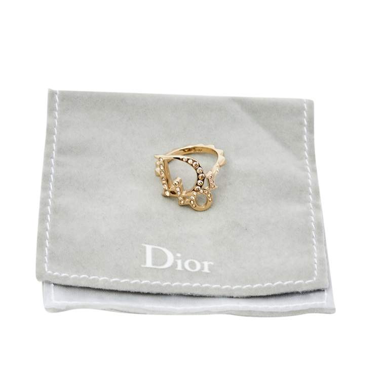 Pre Owned Dior Gold Tone Crystal Embedded Logo Ring Size EU 50
