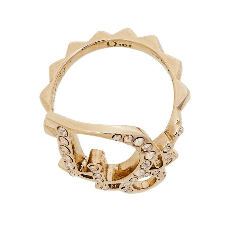 Pre Owned Dior Gold Tone Crystal Embedded Logo Ring Size EU 50