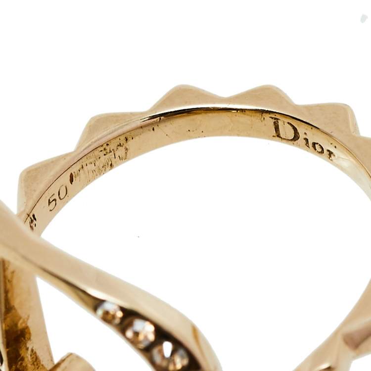 Pre Owned Dior Gold Tone Crystal Embedded Logo Ring Size EU 50