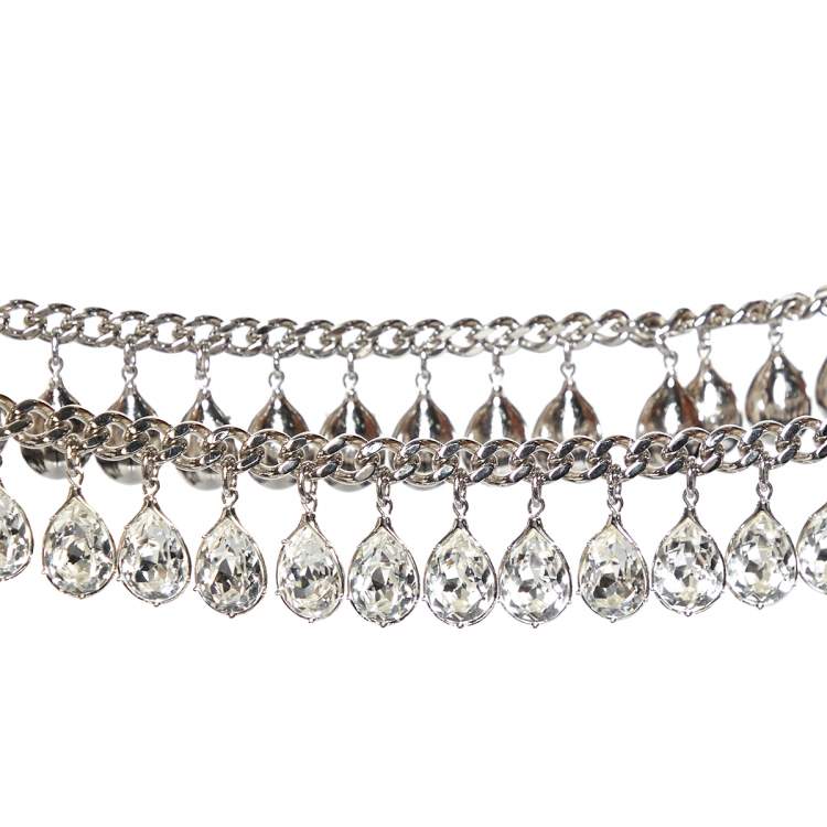 Pre Owned Dior Silver Tone Crystal Embellished Chain Belt 90 CM