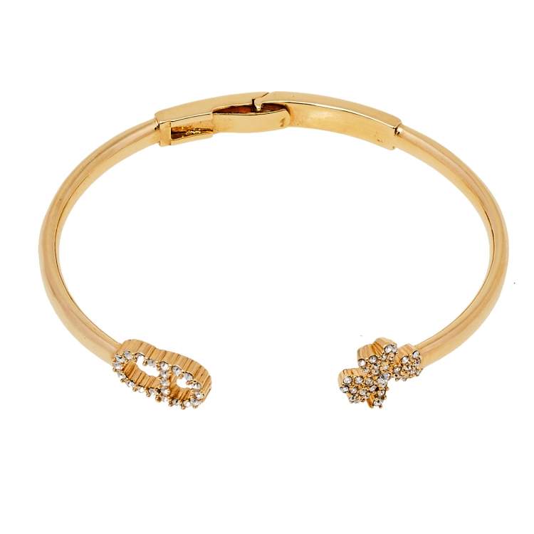 Pre Owned Dior Gold Tone CD Clover Crystals Open Cuff Bracelet