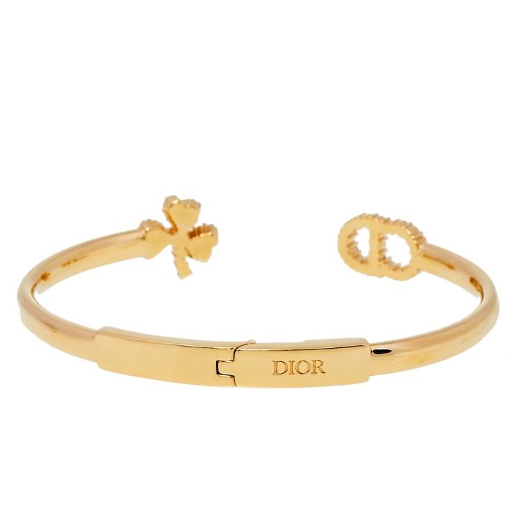 Pre Owned Dior Gold Tone CD Clover Crystals Open Cuff Bracelet