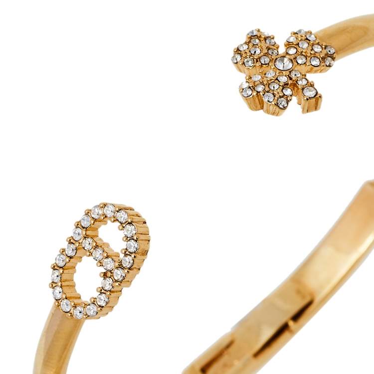 Pre Owned Dior Gold Tone CD Clover Crystals Open Cuff Bracelet