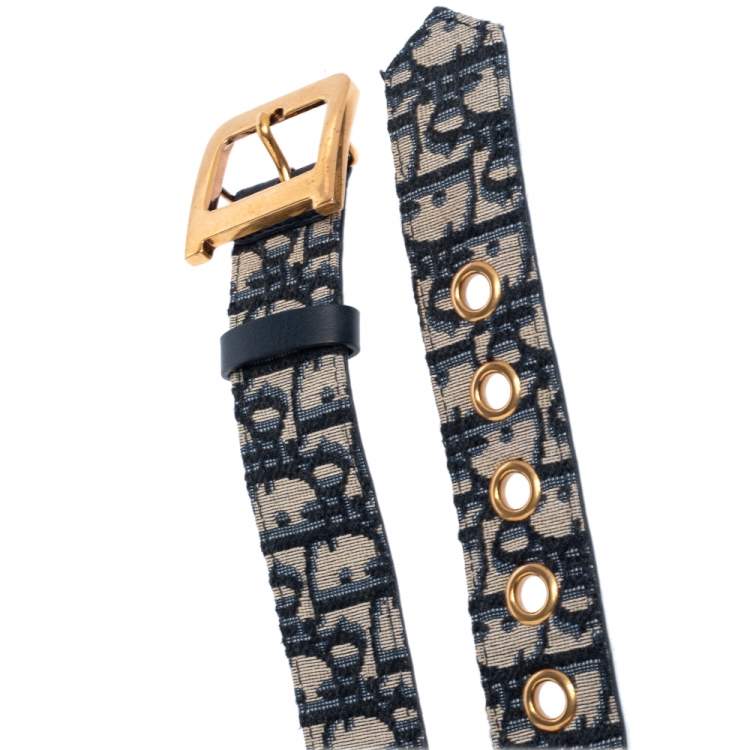 Pre Owned Dior Beige/Navy Blue Oblique Canvas Diorquake Buckle Belt 85 CM
