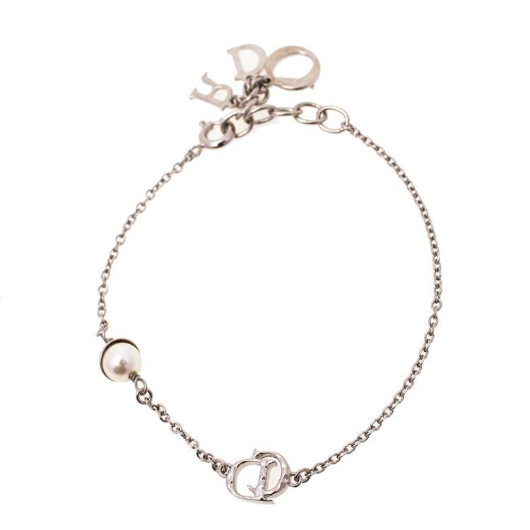 Pre Owned Dior Enamel Logo Charms Silver Tone Bracelet