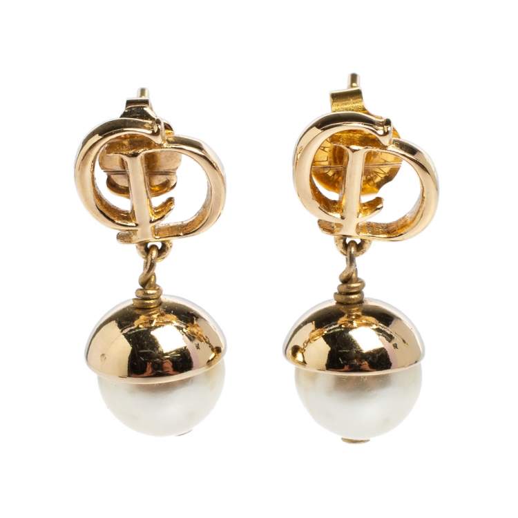 Pre Owned Dior Mise en Dior Faux Pearl Gold Tone Drop Earrings