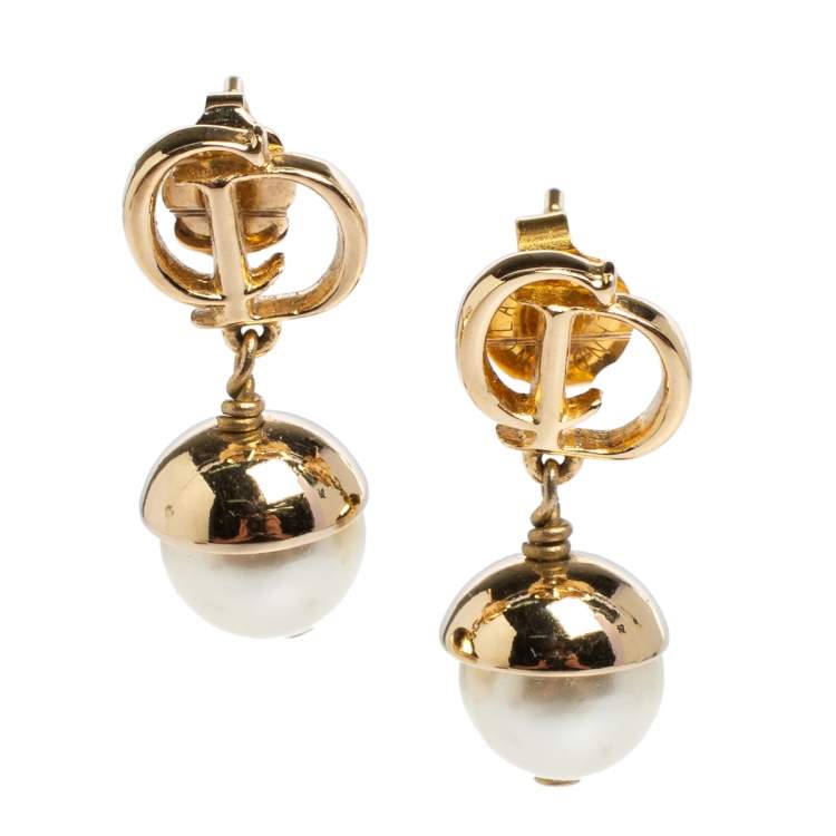 Pre Owned Dior Mise en Dior Faux Pearl Gold Tone Drop Earrings
