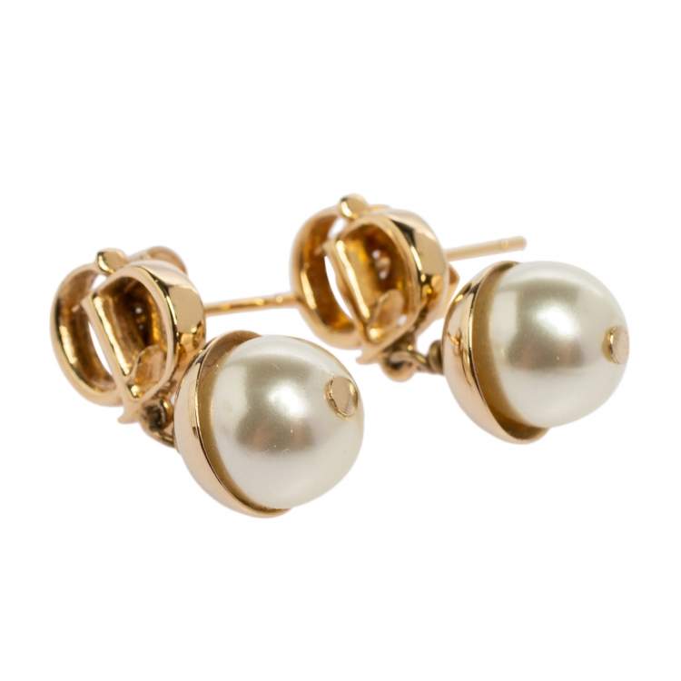 Pre Owned Dior Mise en Dior Faux Pearl Gold Tone Drop Earrings