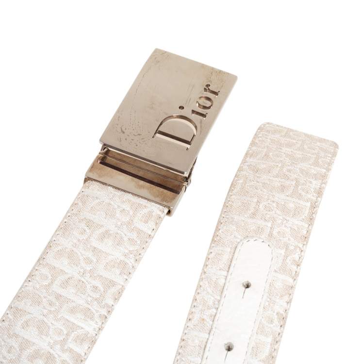 Pre Owned Dior Beige/White Oblique Canvas And Leather Reversible Buckle Belt 85CM