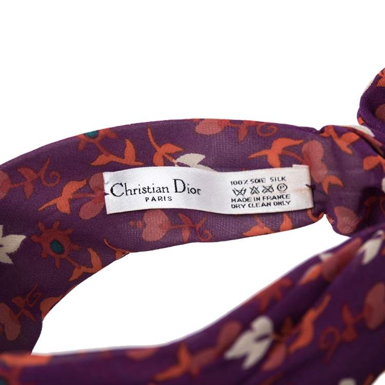 Pre Owned Dior Purpl Floral Print Silk Tie Detail Head Band