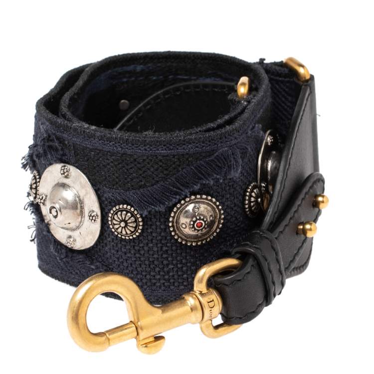 Pre Owned Dior Blue Canvas and Leather Studded Saddle Shoulder Bag Strap