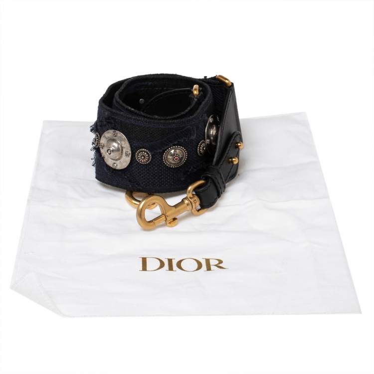 Pre Owned Dior Blue Canvas and Leather Studded Saddle Shoulder Bag Strap
