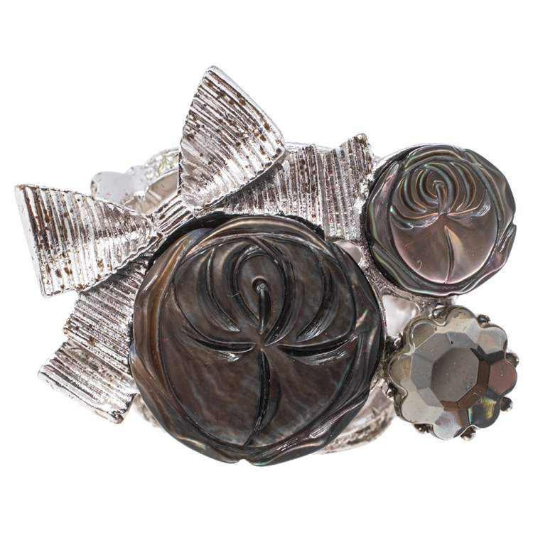 Pre Owned Dior Silver Tone Crystal Bow Detail Cocktail Ring Size 54