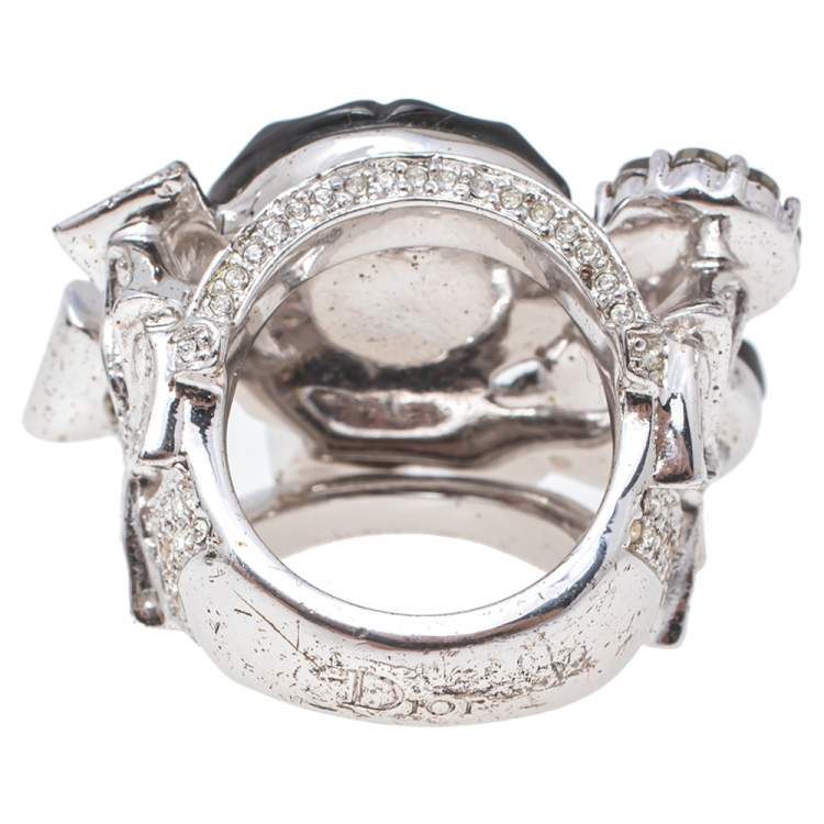Pre Owned Dior Silver Tone Crystal Bow Detail Cocktail Ring Size 54