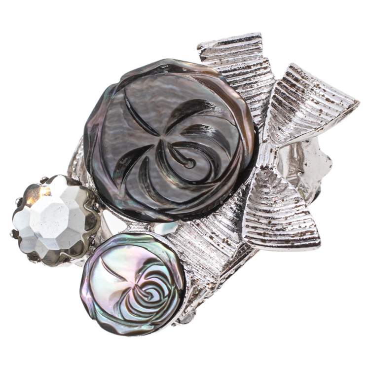 Pre Owned Dior Silver Tone Crystal Bow Detail Cocktail Ring Size 54