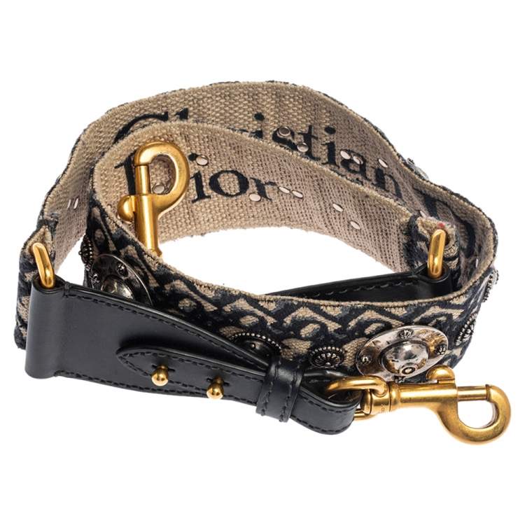 Pre Owned Dior Navy Blue Canvas and Leather Studded Saddle Shoulder Bag Strap