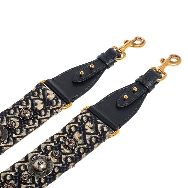 Pre Owned Dior Navy Blue Canvas and Leather Studded Saddle Shoulder Bag Strap