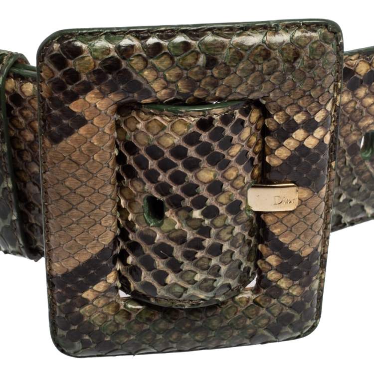 Pre Owned Dior Green/Beige Python Wide Buckle Waist Belt 90CM