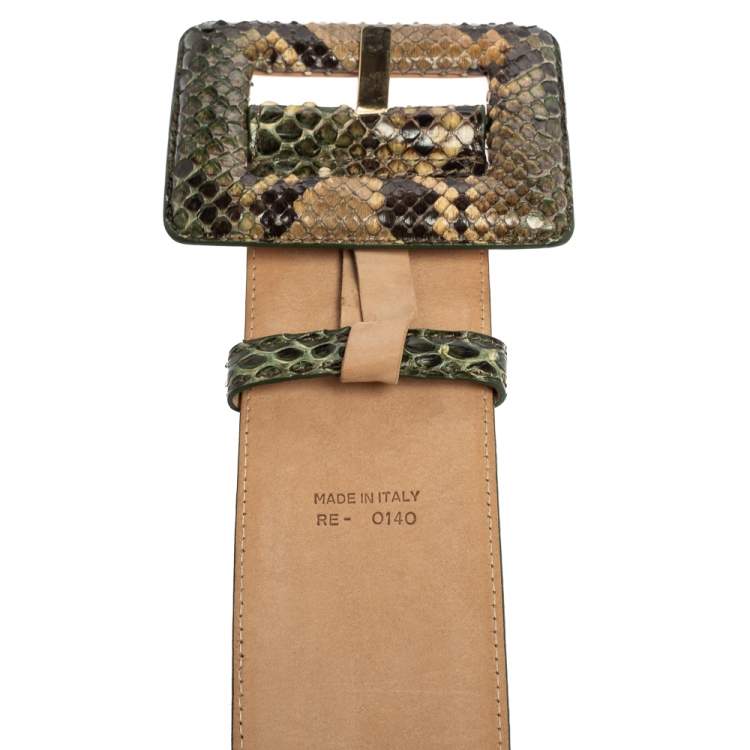 Pre Owned Dior Green/Beige Python Wide Buckle Waist Belt 90CM