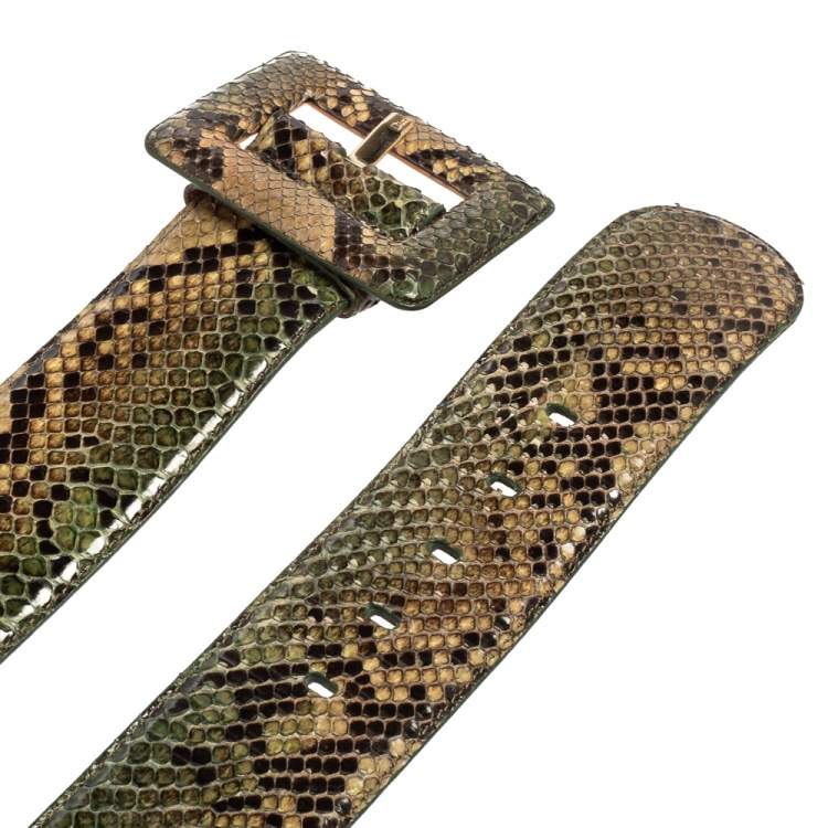 Pre Owned Dior Green/Beige Python Wide Buckle Waist Belt 90CM