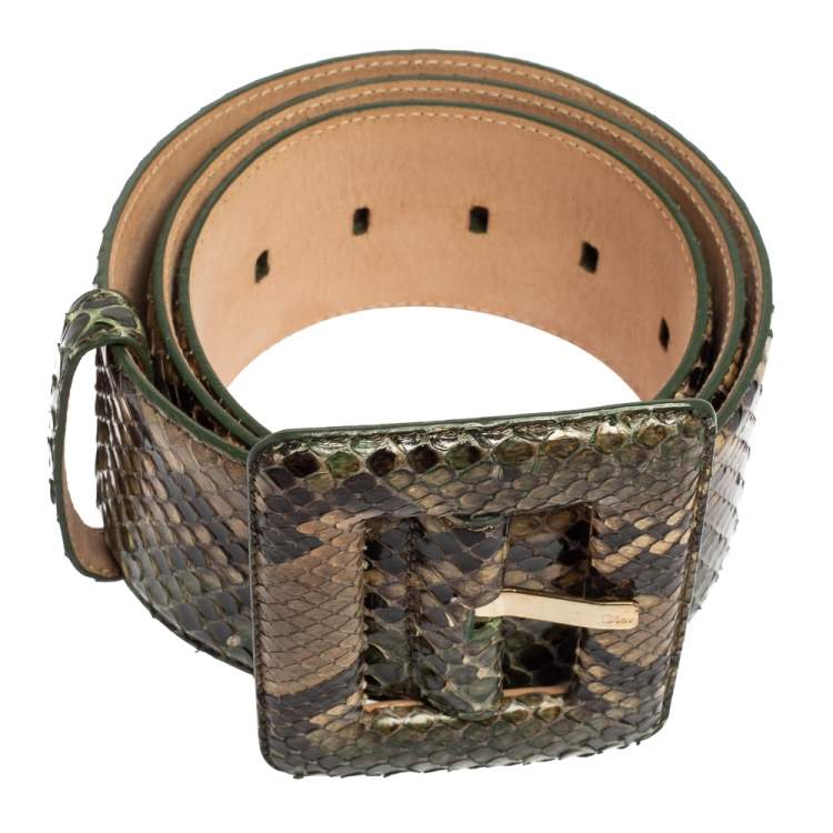 Pre Owned Dior Green/Beige Python Wide Buckle Waist Belt 90CM