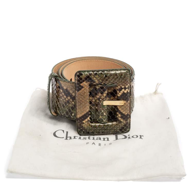 Pre Owned Dior Green/Beige Python Wide Buckle Waist Belt 90CM