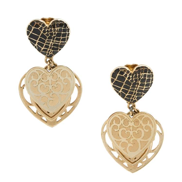 Pre Owned Dior Vintage Gold Tone Enamel Heart Drop Clip On Earrings