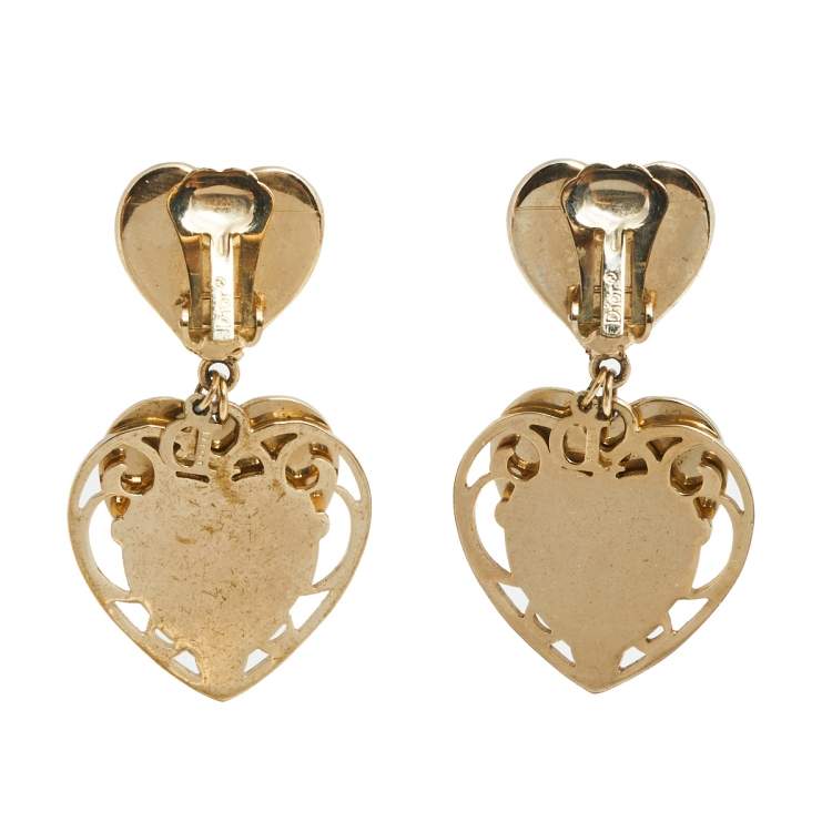 Pre Owned Dior Vintage Gold Tone Enamel Heart Drop Clip On Earrings