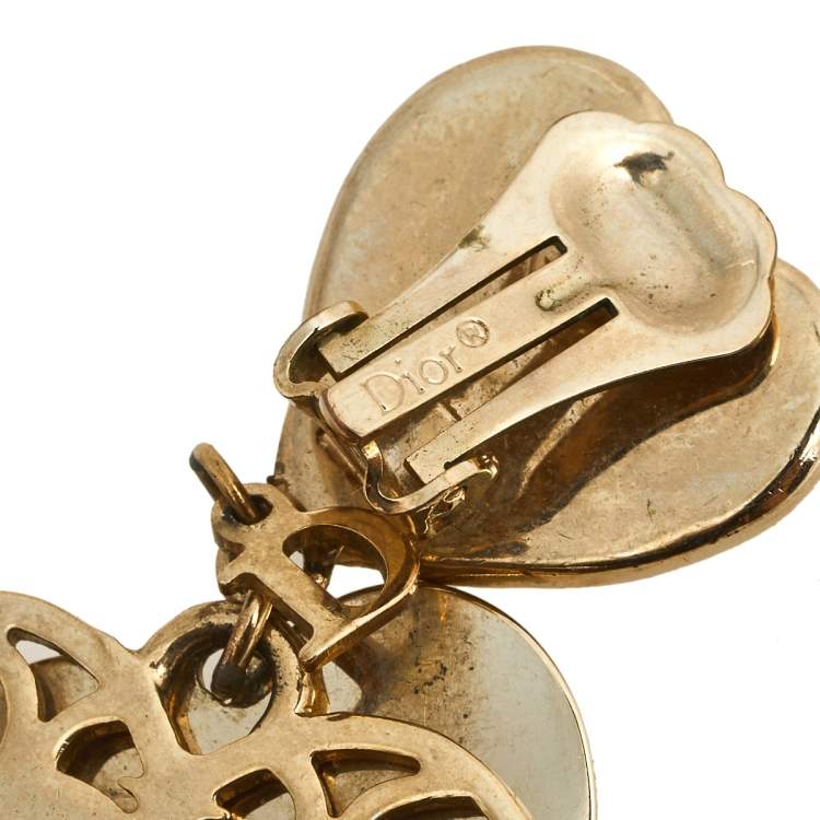 Pre Owned Dior Vintage Gold Tone Enamel Heart Drop Clip On Earrings