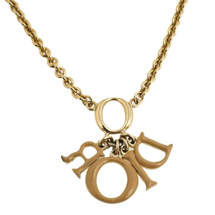 Pre Owned Dior Gold Tone Beige Enamel Logo Charm Necklace