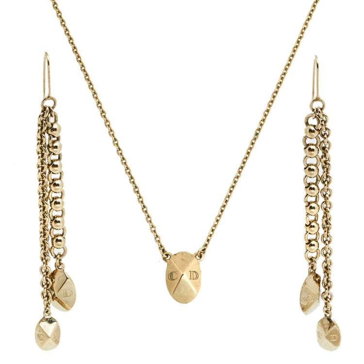 Pre Owned Dior Gold Tone Logo Drop Tasseled Earring and Necklace Set